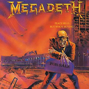 Peace Sells cover: the skeletal mascot Vic Rattlehead in a suit holds a For Sale sign in front of the ruined United Nations headquarters as jets fly overhead