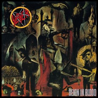 Reign in Blood cover: a crowded dark painting of horned demons, a figure in a tall pointed hat and a pool of blood with heads in it, the Slayer pentagram logo at top left