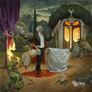 Album cover of Anthrax's Cursum Perficio: an oil-painting style scene of a white-haired man in a red-lined cape standing in a garden before an arched doorway, a chained green creature at lower left and a burning curtain behind it