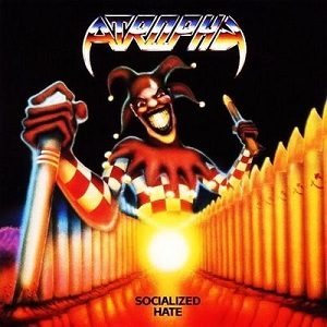 Socialized Hate cover: a grinning jester in a red and white checked costume holding up a knife in a corridor of orange flames, with the chrome Atrophy logo at the top
