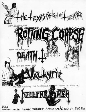 Hand-drawn black and white flyer for The Texas Reign of Terror: Rotting Corpse, Death Tripper, Valkyrie and Hellpreacher at the Cameo Theatre, Friday, July 18, 1986
