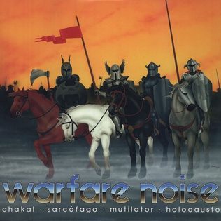 Cover of the Warfare Noise split: four armored knights on horseback against an orange sky, one carrying a red banner, with the four band names along the bottom