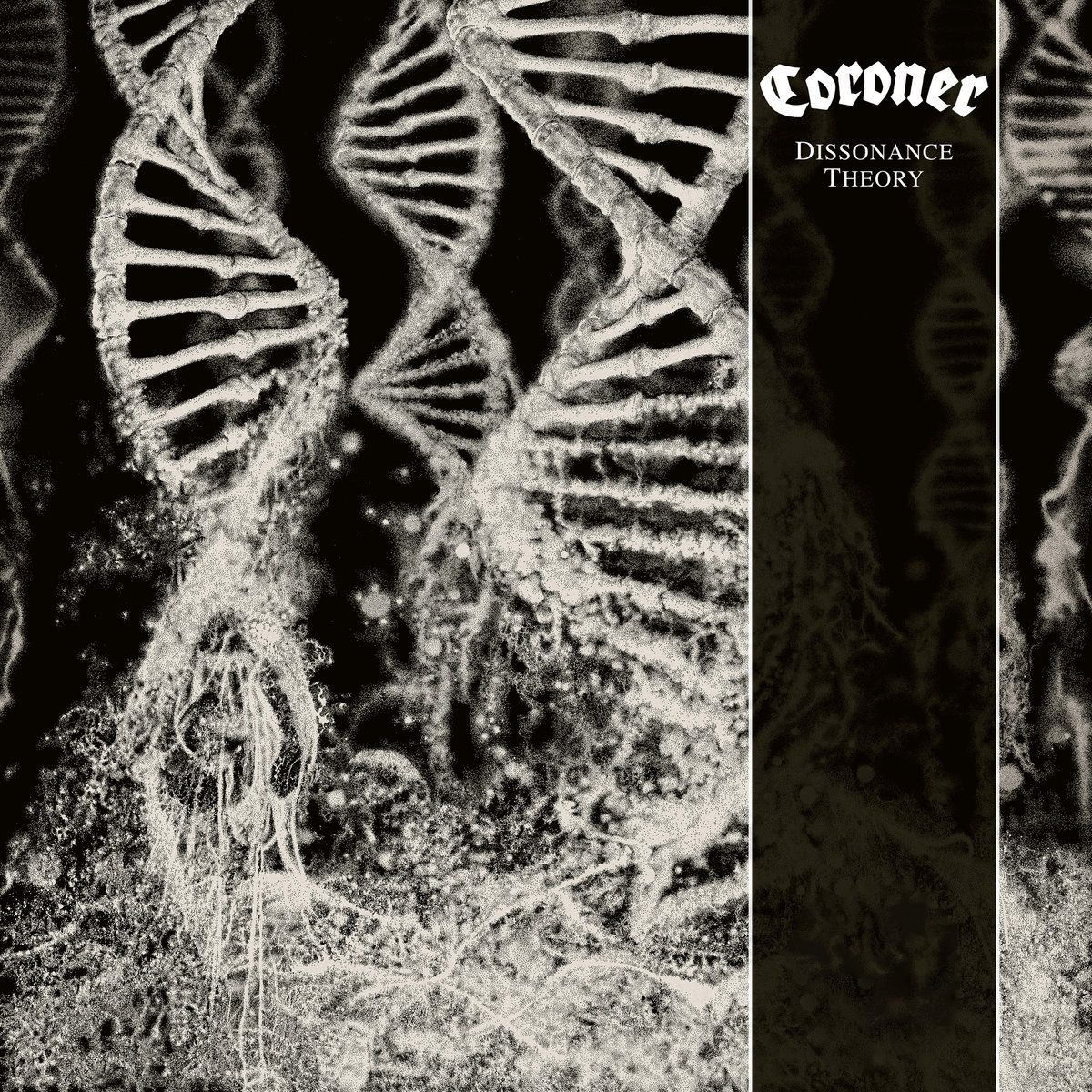 Dissonance Theory album cover: pale twisting DNA helixes drawn over a black background, beside a dark side panel with the Coroner logo and album title