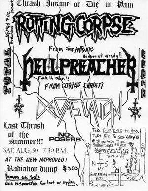 Small hand-drawn flyer reading Last thrash of the summer, Hellpreacher and Devastation at the Radiation Dump, Saturday August 30th