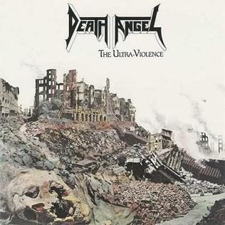 The Ultra-Violence album cover: the Death Angel logo over a pale sky above a ruined city of broken buildings and rubble, with a giant skull half buried in the foreground