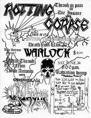 Hand-drawn black and white flyer for Rotting Corpse with Warlock and Valkyrie at the Radiation Dump on Saturday, June 14, with a skull, a tank and a hand-drawn map