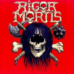 Album cover of Rigor Mortis's 1988 debut: a long-haired skull over crossed bones, an axe and a mace on a red background