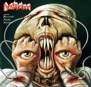 Release from Agony album cover: a bandaged, grimacing creature with long fangs pulling down the skin under its bulging eyes, wires running from its head