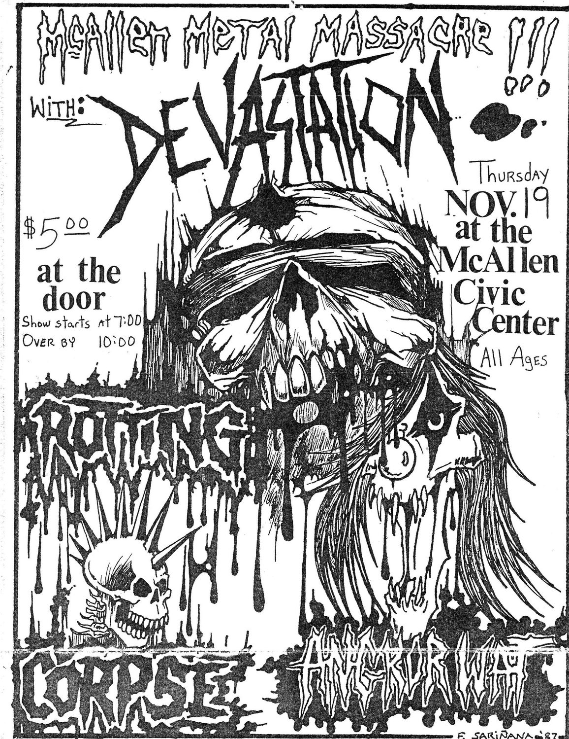Pen-and-ink flyer for the McAllen Metal Massacre with Devastation, Rotting Corpse and Angkor Wat at the McAllen Civic Center, Thursday November 19, $5.00 at the door, all ages, a long-haired skull filling the page