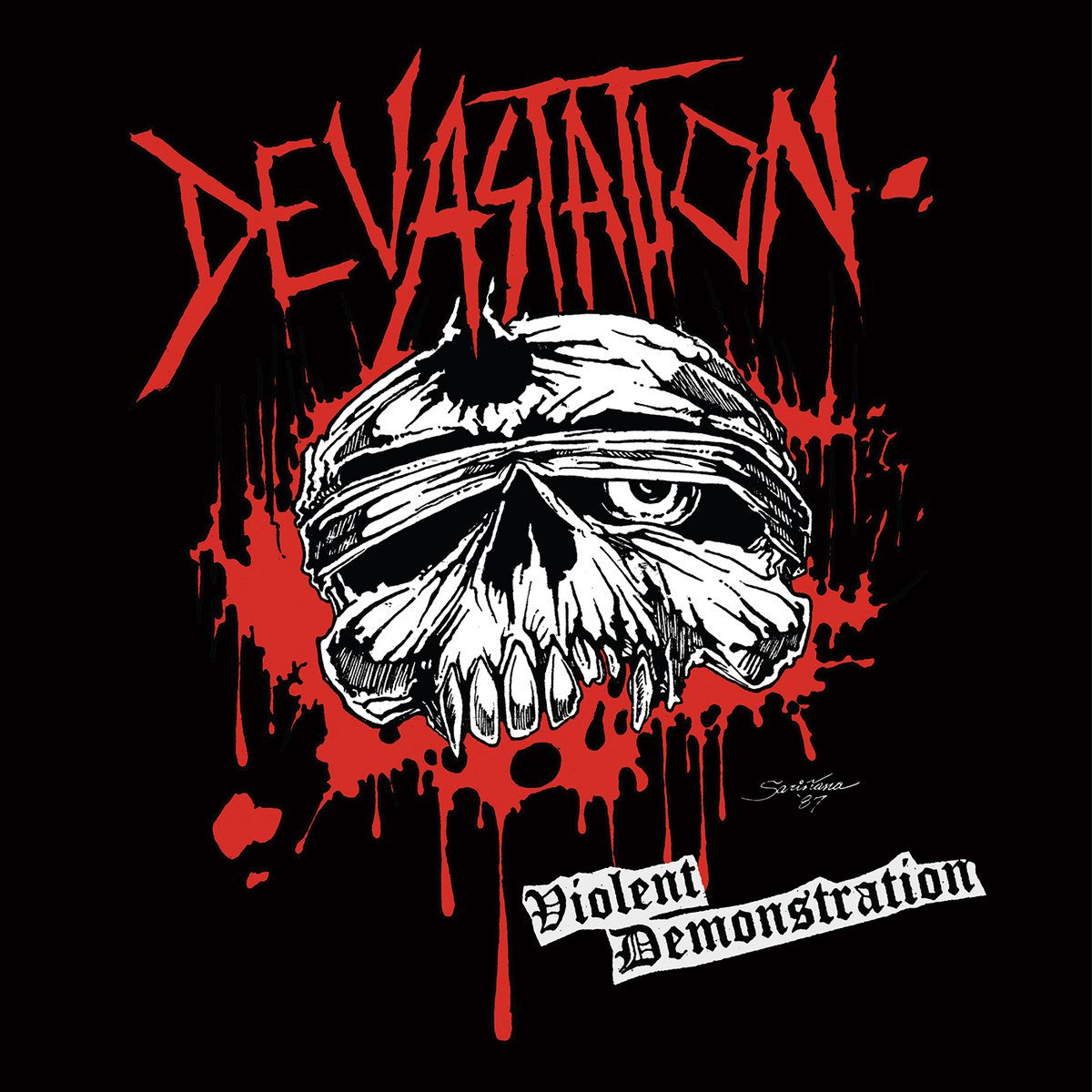 Album cover: a bandaged skull with one staring eye over a red blood splatter, the Devastation logo in jagged red letters above and Violent Demonstration in blackletter below