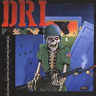 Dirty Rotten LP reissue cover: a skeleton in a green army helmet and fatigues holding a rifle in a bullet-holed room, under a red D.R.I. logo