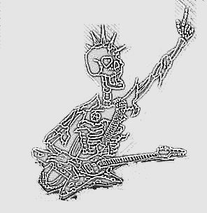 Line drawing of a skeleton with a spiked mohawk, kneeling with an electric guitar and throwing devil horns with one raised hand