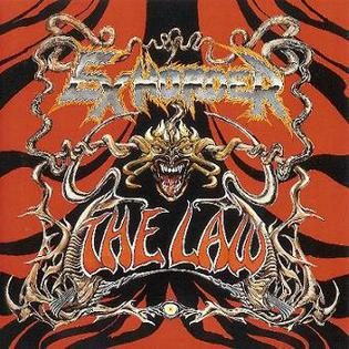 The Law album cover: a horned demon face framed by twisted silver metalwork, with the Exhorder logo above and The Law below, on red and black tiger stripes