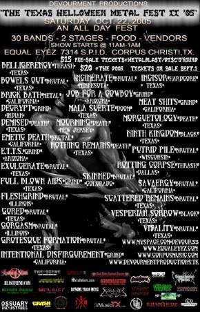 Black flyer for the Texas Halloween Metal Fest, Saturday, October 22, 2005, at Equal Eyez in Corpus Christi, listing 30 bands with genre and home state, Rotting Corpse among them as thrash from Dallas