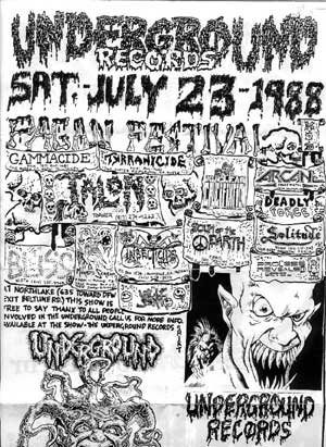 Hand-drawn black and white flyer for an Underground Records festival on Saturday, July 23, 1988, with Gammacide's logo at top left and a grinning demon at bottom right