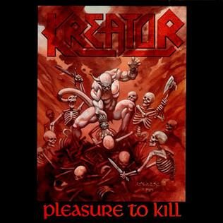 Pleasure to Kill album cover: a horned demon swinging a blade above a heap of skeletons in a red haze, under a red Kreator logo