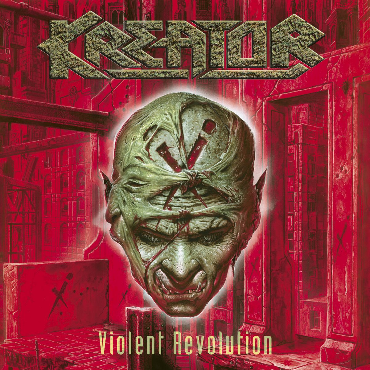 Violent Revolution album cover: a green, stitched-up demon head with a bloody cross cut into its scalp, floating in a red stone alley under a metallic Kreator logo