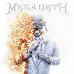 Album cover of Megadeth's self-titled 2026 album: the skeletal mascot Vic Rattlehead in a white suit and sunglasses, half of his body burning, beneath a silver Megadeth logo
