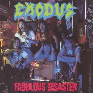 Album cover of Exodus's Fabulous Disaster: the five band members crowded around a television in a cluttered room, mouths open, under the green Exodus logo