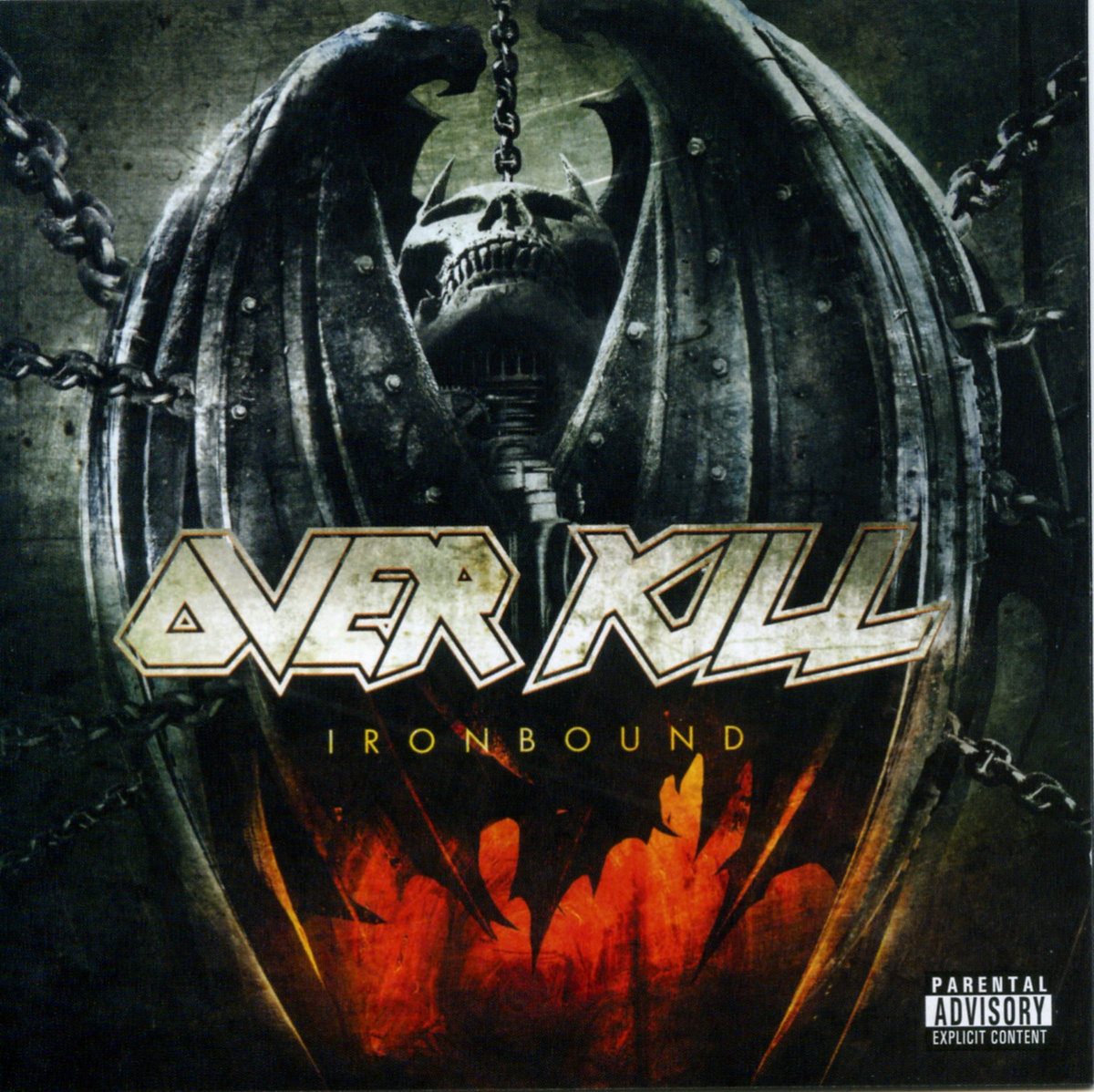 Album cover of Overkill's Ironbound: the band's bat-winged skull mascot locked inside an iron cage hung on chains, flames below the Over Kill logo