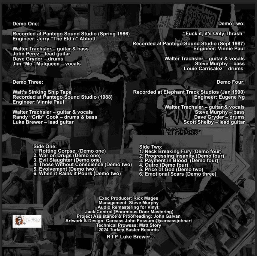 Rotting Corpse demo credits sheet listing Demo One recorded at Pantego Sound Studio in spring 1986 with engineer Jerry Abbott, and Demos Two and Three recorded there in 1987 and 1988 with engineer Vinnie Paul
