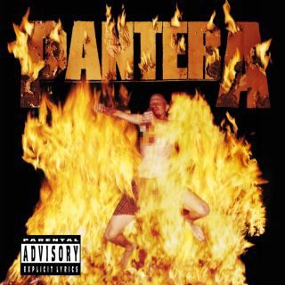 Reinventing the Steel album cover: a shirtless man in shorts leaping through tall orange flames, under the Pantera logo rendered in fire