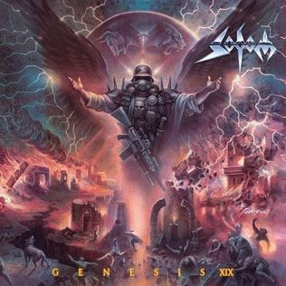 Genesis XIX album cover: a winged, gas-masked soldier holding a rifle with arms spread above a burning, lightning-struck city