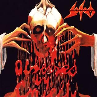 Obsessed by Cruelty album cover: a skull with clawed hands dripping red blood across a black background, under a red Sodom logo