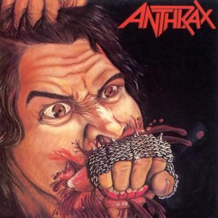 The Fistful of Metal album cover: a chain-wrapped fist bursting out of a screaming man's mouth, with the angular red Anthrax logo in the top right corner