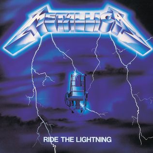 The Ride the Lightning album cover: the Metallica logo in tilted chrome-blue letters with long pointed M and A at the top, lightning bolts running down from it to an electric chair floating in a dark blue sky