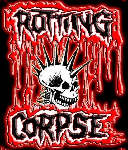 The Rotting Corpse logo in black and white letters outlined in red, ROTTING above and CORPSE below, with red drips running down from the top word behind a white skull with a spiked mohawk