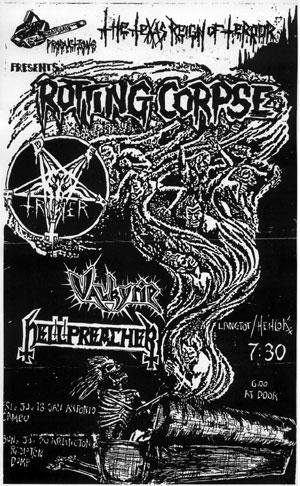 A black and white flyer headed The Texas Reign of Terror, with the jagged Rotting Corpse logo at the top, a pentagram logo reading Tripper, and the spiked Valkyrie and Hellpreacher logos, beside a drawing of ghosts rising from a coffin