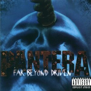 Far Beyond Driven album cover: a blue-lit human skull with a drill bit boring into the top of it, the rusted Pantera logo across the middle