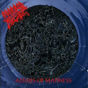 Altars of Madness cover: a dark blue sphere packed with writhing grey faces and figures, the red Morbid Angel logo in the top left corner and the album title along the bottom