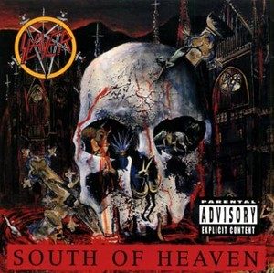South of Heaven album cover: a huge cracked skull filled with tiny tormented figures in front of a burning Gothic cathedral, with the Slayer pentagram logo at top left and the title in red letters at the bottom