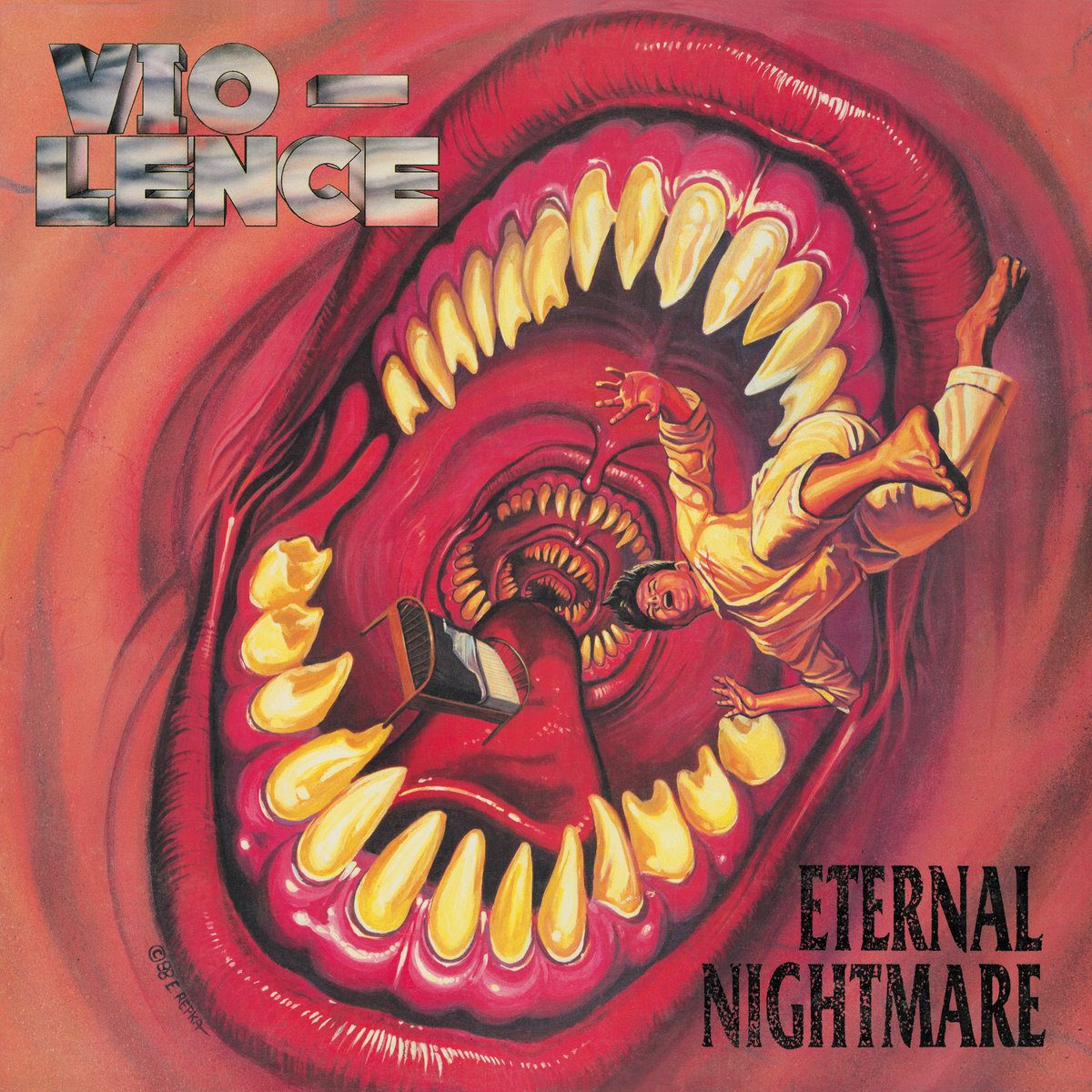 Eternal Nightmare album cover: a man in pale clothes tumbling into a giant red mouth lined with rows of yellow fangs, the chrome Vio-lence logo at top left and the title in black lettering at bottom right