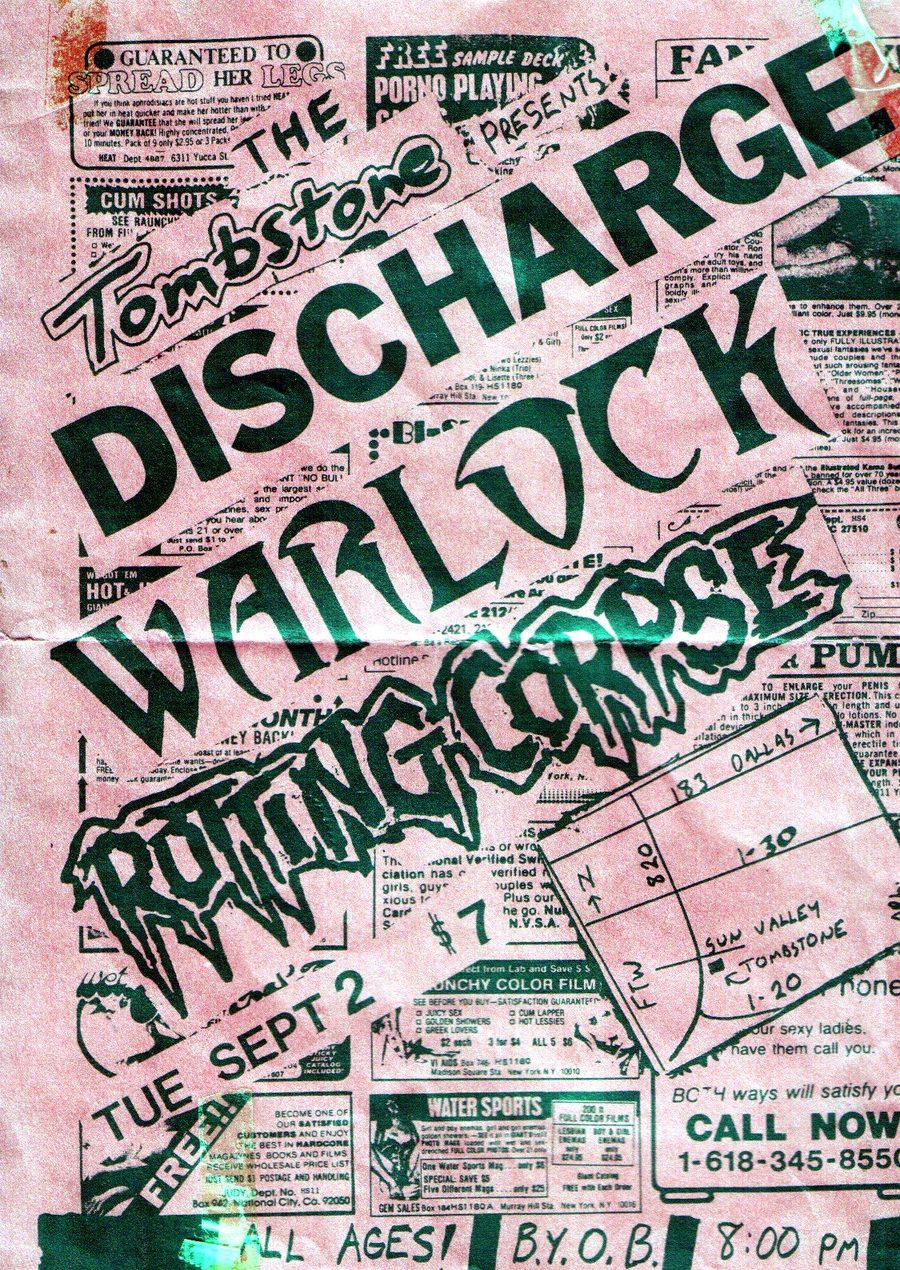 Flyer for Discharge and Warlock at the Tombstone Factory, Tuesday September 2nd