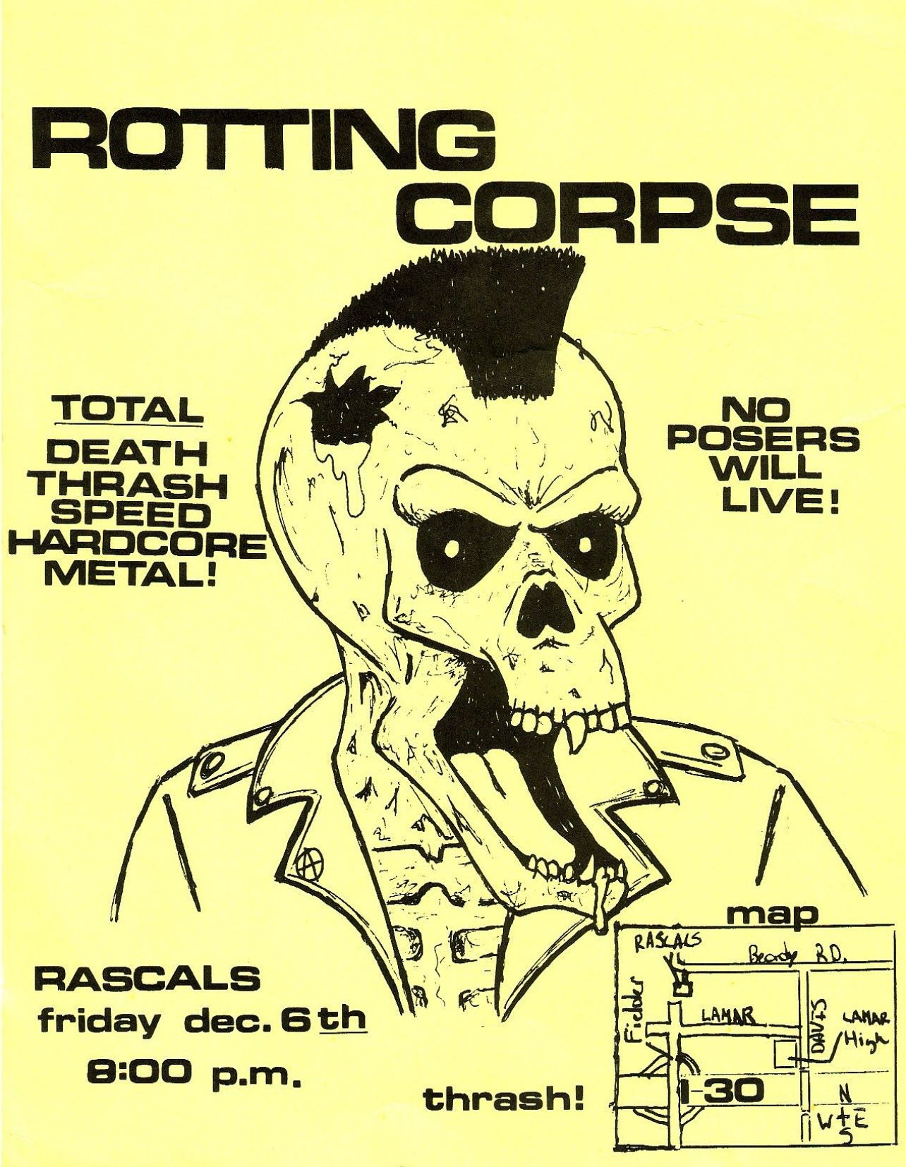 Hand-drawn flyer for Rotting Corpse at Rascals, Arlington, Friday December 6th